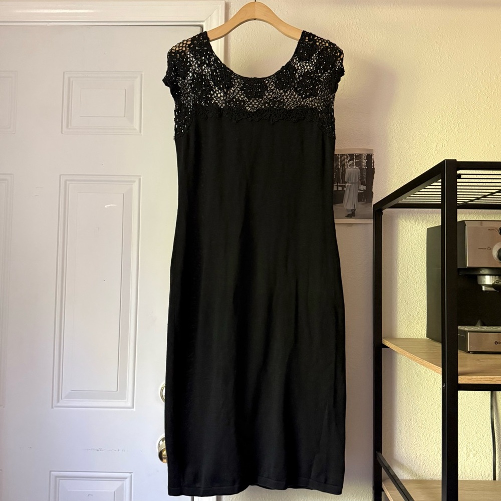 PERUVIAN CONNECTION black crochet lace mixed‎ media sheer cotton midi dress